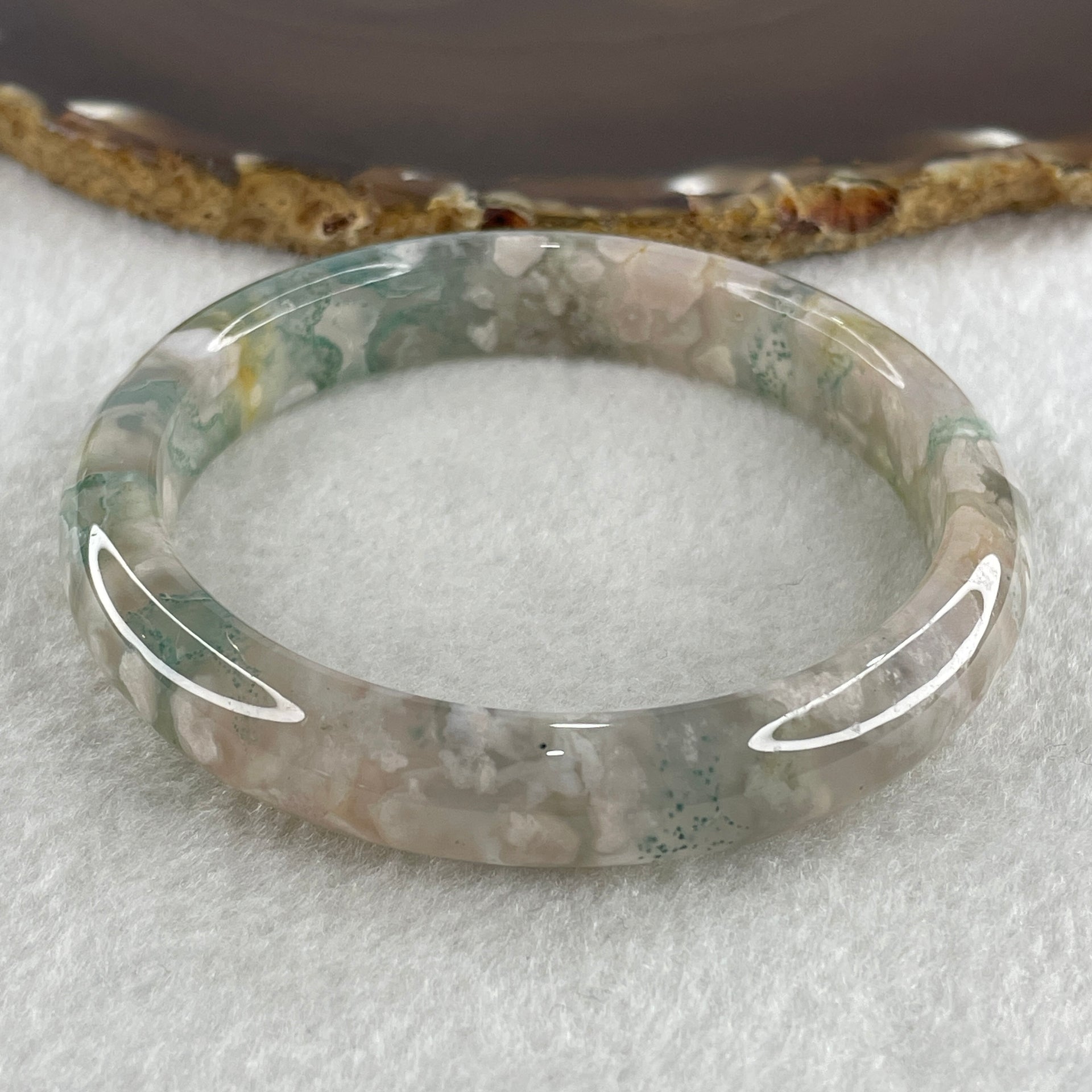 Natural Icy Green with White Flower Agate Bangle 39.69g Internal Diameter 61.3mm 11.8 by 7.7mm (Perfect) - Huangs Jadeite and Jewelry Pte Ltd