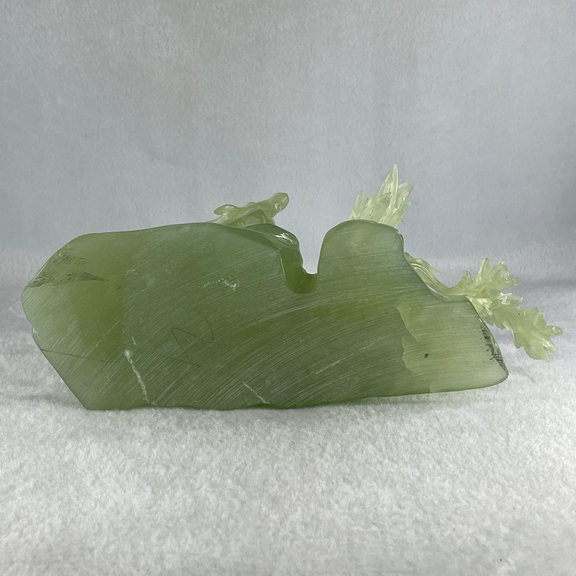 Natural Green Serpentine 3 Goat on Grassland with Wooden Stand Display 913.3g 215.0  by 102.2 by 130.0mm - Huangs Jadeite and Jewelry Pte Ltd
