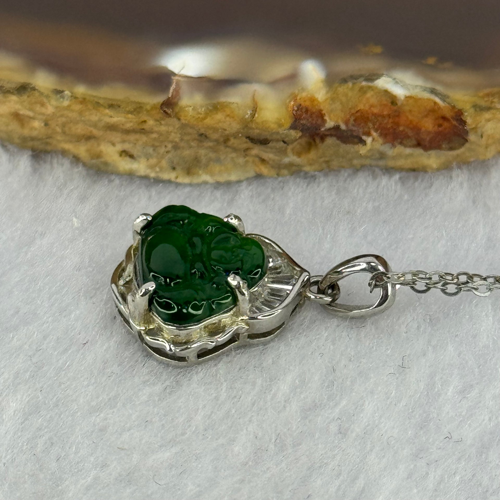 Type A Icy Green Omphasite Jadeite Milo Buddha 9.3 by 13.1 by 2.0mm in S925 Sliver Necklace 2.18g - Huangs Jadeite and Jewelry Pte Ltd