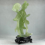 Natural Green Serpentine Fairy with Fan and Flower with Wooden Stand Display 476.2g 130.0 by 70.0 by 225.0mm - Huangs Jadeite and Jewelry Pte Ltd