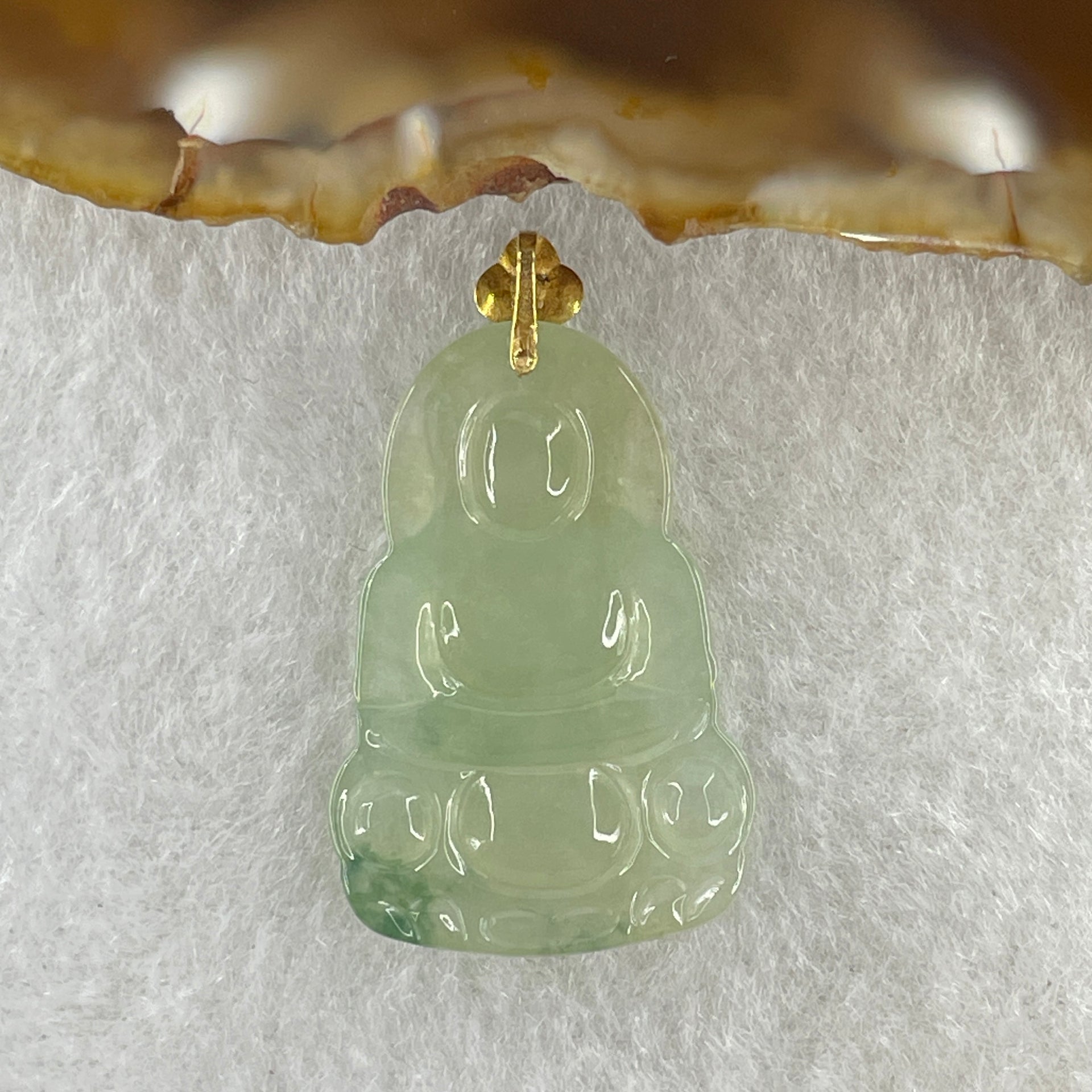 18K 750 Yellow Gold Type A Natural Icy Light Green with Blueish Green Piao Hua Flora Jadeite Guan Yin Pendant 3.58g 27.3 by 19.1 by 3.8mm - Huangs Jadeite and Jewelry Pte Ltd