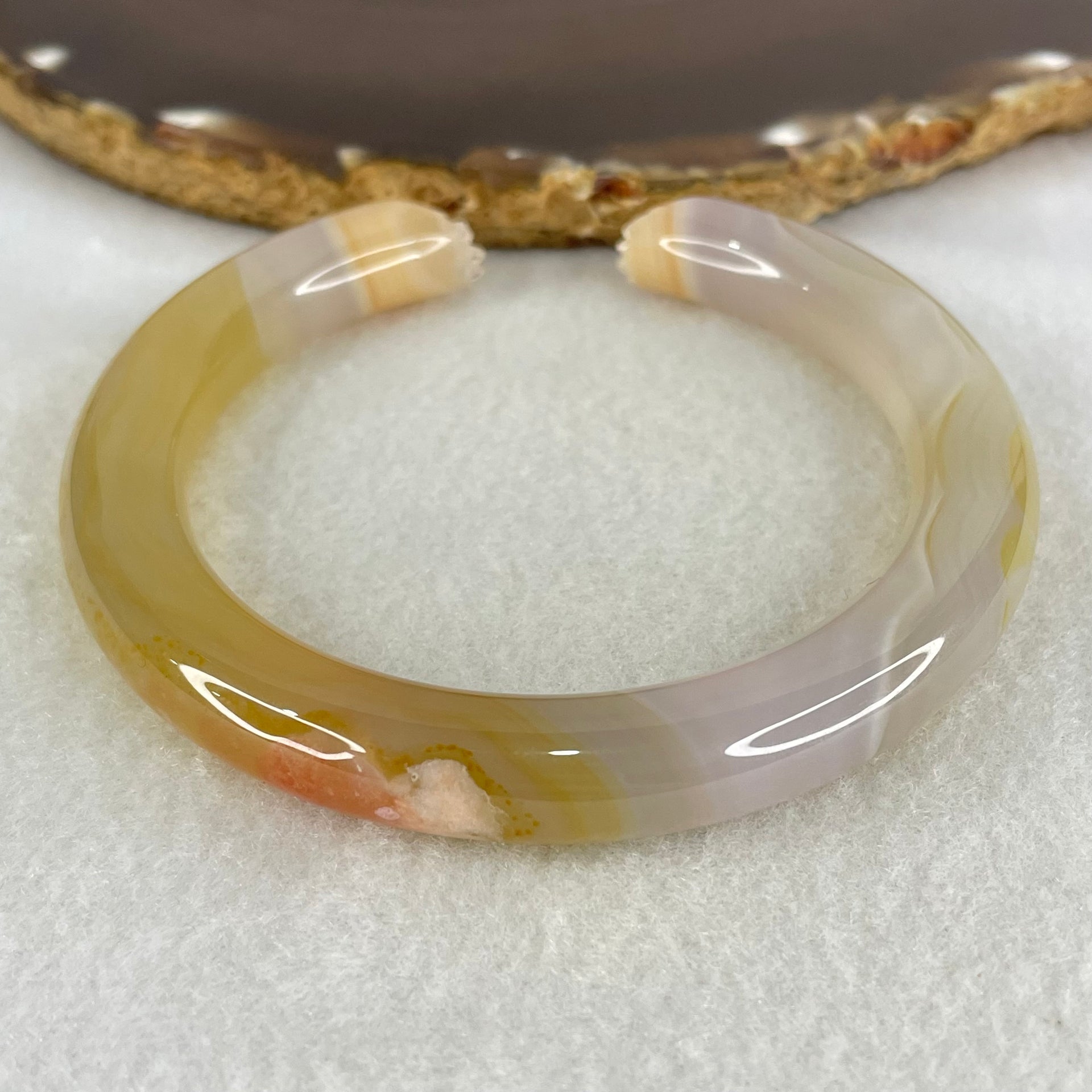 Natural Yellowish Pink Agate Heart Shape And Hands Bangle Internal Dimeter 58.6mm 39.03g 9.9 by 9.9mm - Huangs Jadeite and Jewelry Pte Ltd
