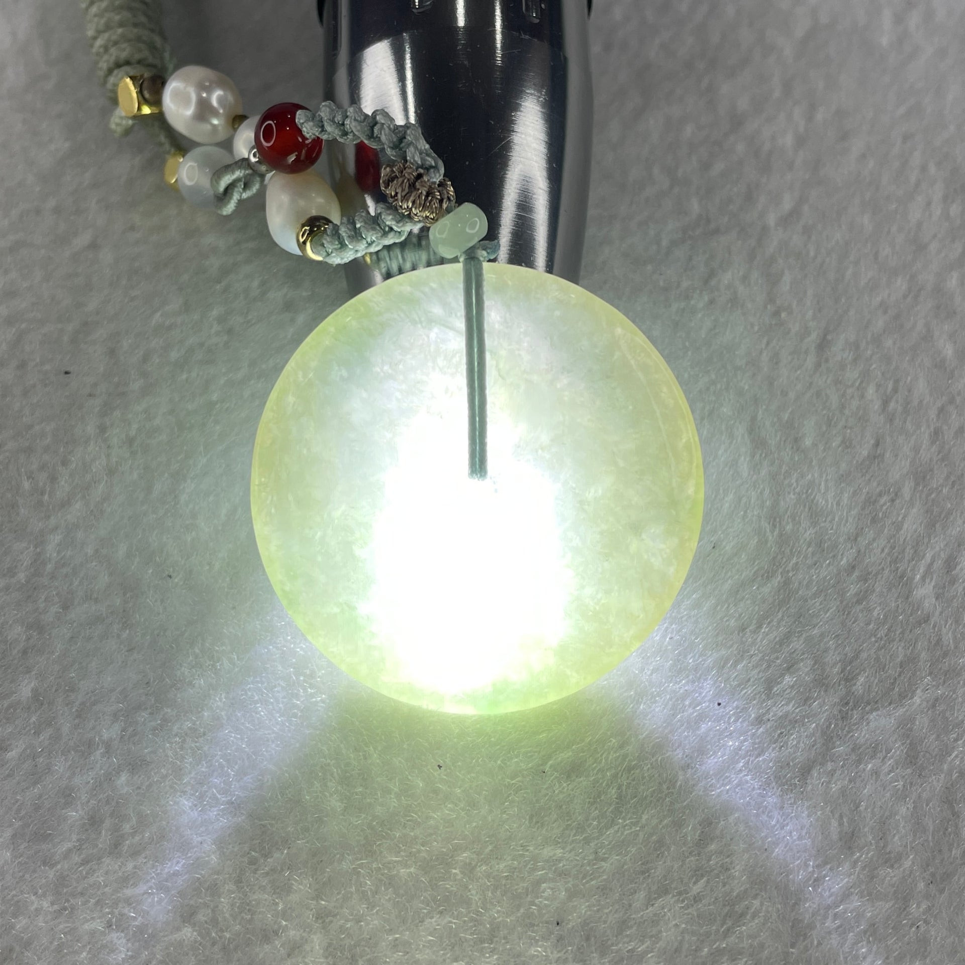 Grand Master Natural Semi Icy Light Green Jadeite Ping An Kou Pendant 20.36g 39.2 by 5.7mm - Huangs Jadeite and Jewelry Pte Ltd