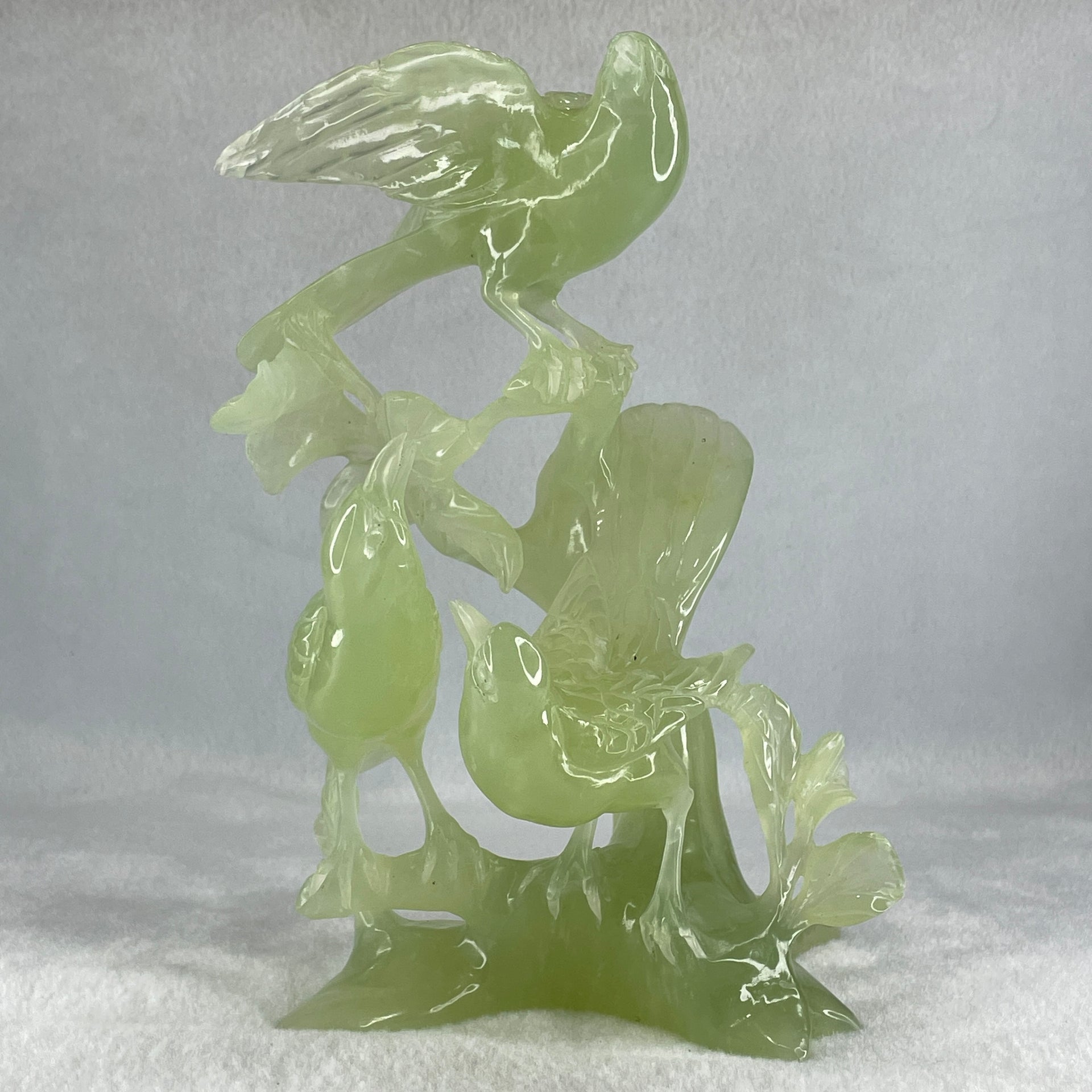 Natural Green Serpentine 3 Magpies Birds on Tree with Wooden Stand Display 807.0g 175.0 by 120.0 by 200.0mm - Huangs Jadeite and Jewelry Pte Ltd