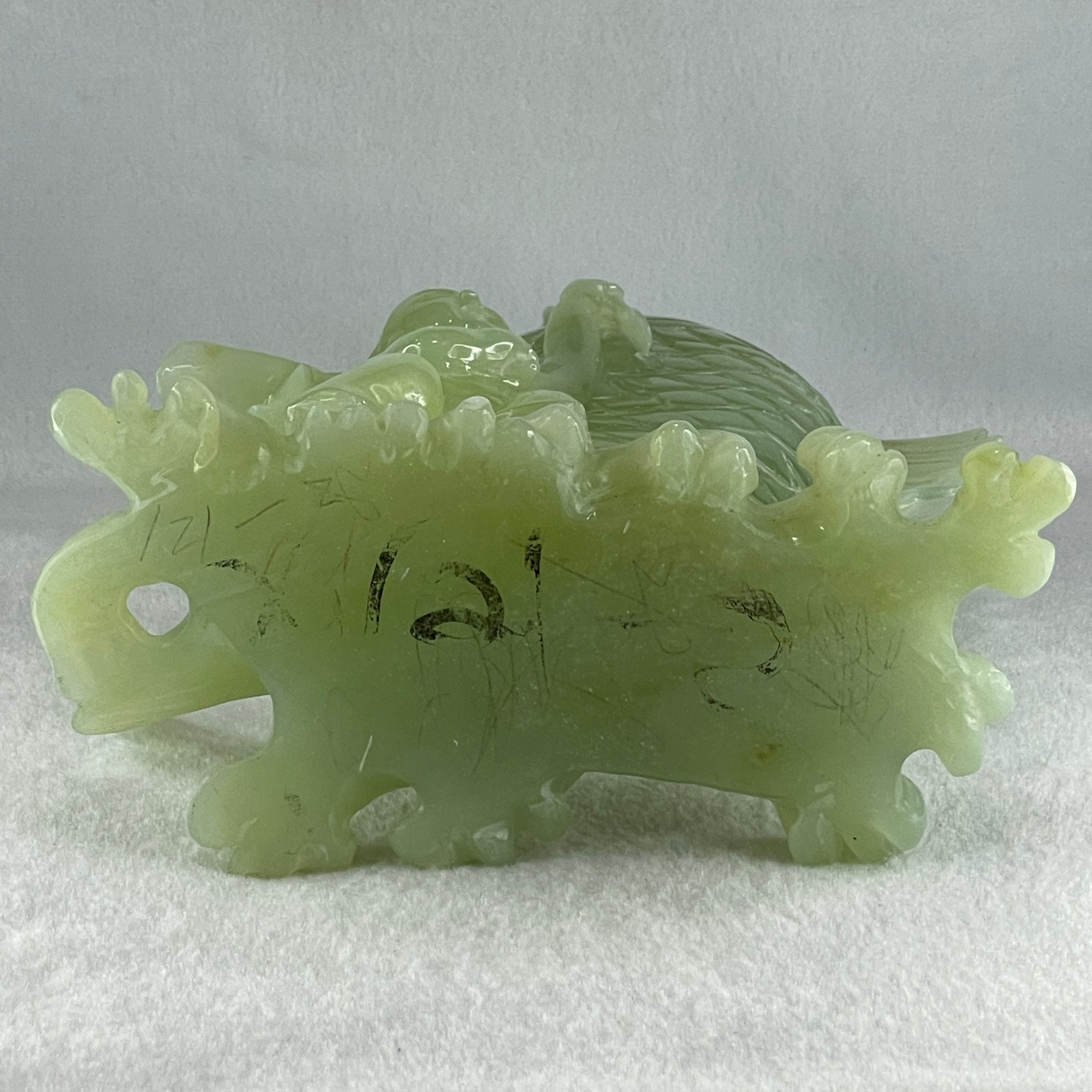 Natural Green Serpentine Carp Fish with Gui ren and Lotus with Wooden Stand Display 2277.9g 215.0 by 120.0 by 250.0mm - Huangs Jadeite and Jewelry Pte Ltd