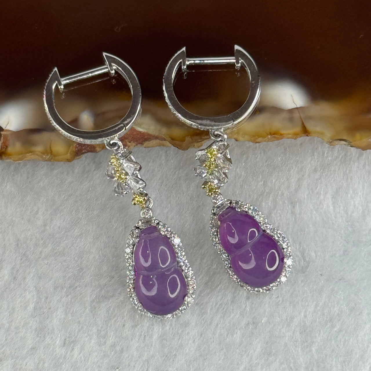 Certified Type A Semi Icy Lavender Jade Jadeite Hulu Earrings 18k White Gold, natural diamonds and sapphires 3.85g 33.8 by 8.2 by 5.6mm (Setting with Color Backing) - Huangs Jadeite and Jewelry Pte Ltd