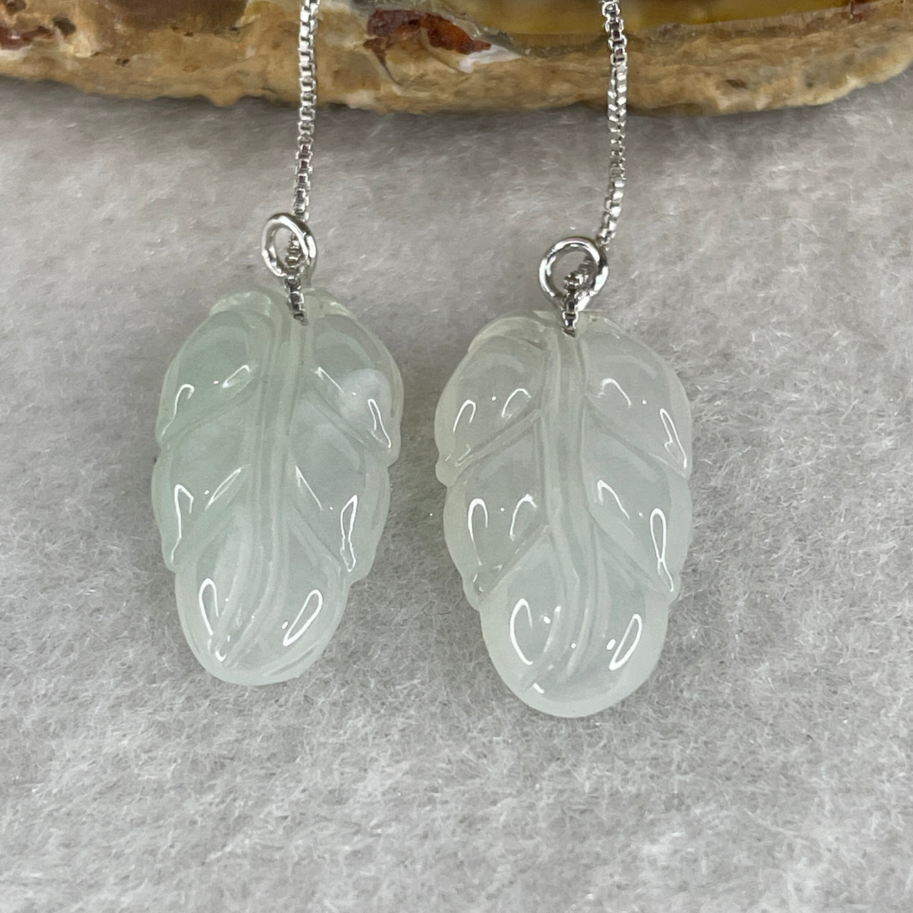 Natural Type A Icy White Jadeite Leaf Earrings | S925 Sterling Silver Carved Jade Leaf Dangling Drop Earrings (2.86g 18.6x9.6x2.8mm)
