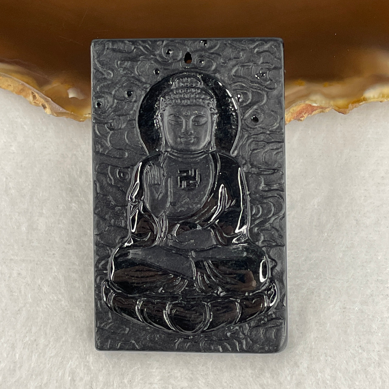 Certified Type A Opaque Black Omphacite Jadeite Amitabha Buddha & Jade Emperor Pendant | Infinite Light & Celestial Authority Talisman (29.61g | 51.8 x 32.0 x 7.6mm)