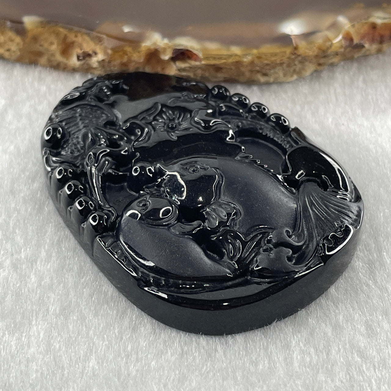 Type A Opaque to Partial Translucent Black Omphacite Jadeite Double Fish with lotus Leaf Pendant 24.44g 52.2 by 38.5 by 9.0mm - Huangs Jadeite and Jewelry Pte Ltd
