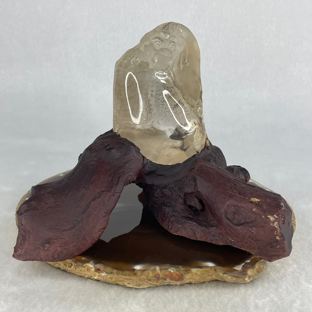 High-Grade Natural Clear White Phantom Quartz Sculpture | Included Custom Clay Base | Masterfully Hand-Carved Pixiu Wealth Guardian | Cosmic "Ghost Crystal" Manifestation Stone (306.8g, 135.0x120.0x110.0mm)