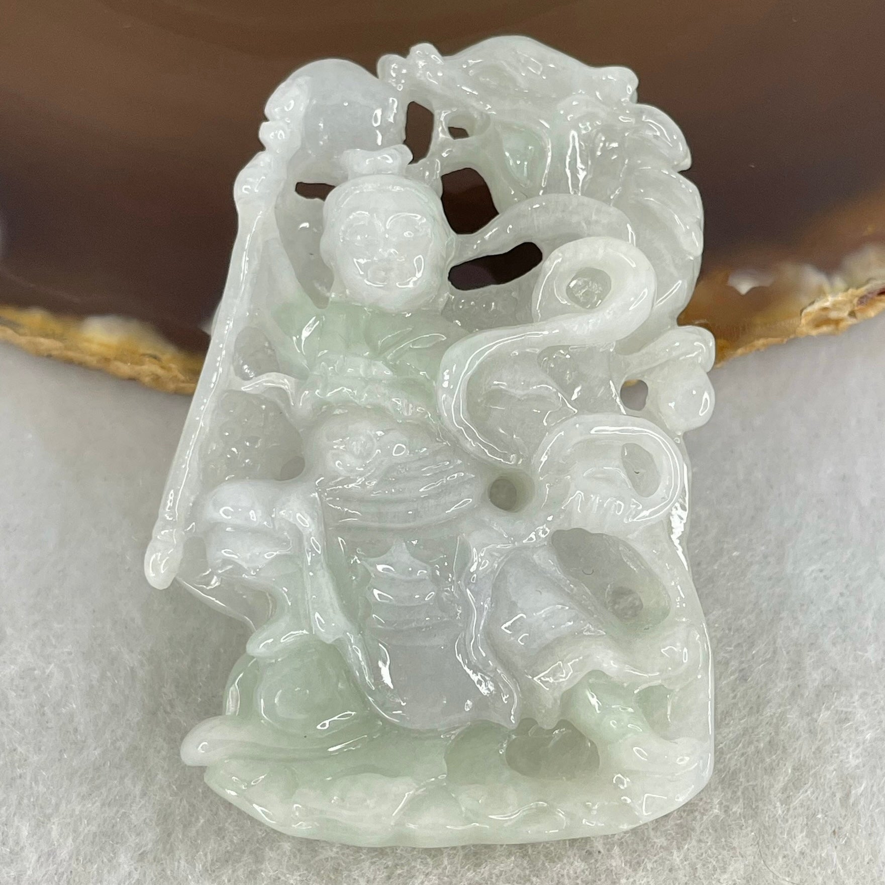 Type A Light Green with Lavender Jadeite Sun Wu Kong with Dragon Pendant 26.42g 52.8 by 36.3 by 36.2mm - Huangs Jadeite and Jewelry Pte Ltd