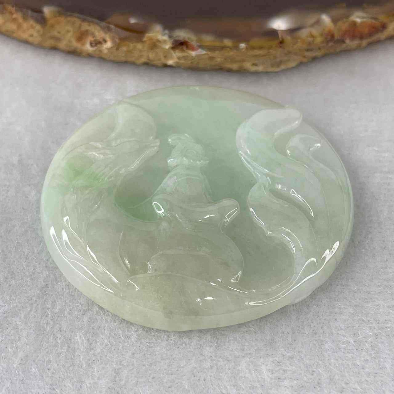 Certified Natural Type A Light Green & Apple Green Piao Hua Jadeite Nine-Tailed Fox Pendant | Masterpiece Hand-Carved Myanmar Feicui | Supreme "Huxian" Personal Charm, Wealth Lock & Sovereign Protection Amulet (32.47g | 51.2x6.0mm)