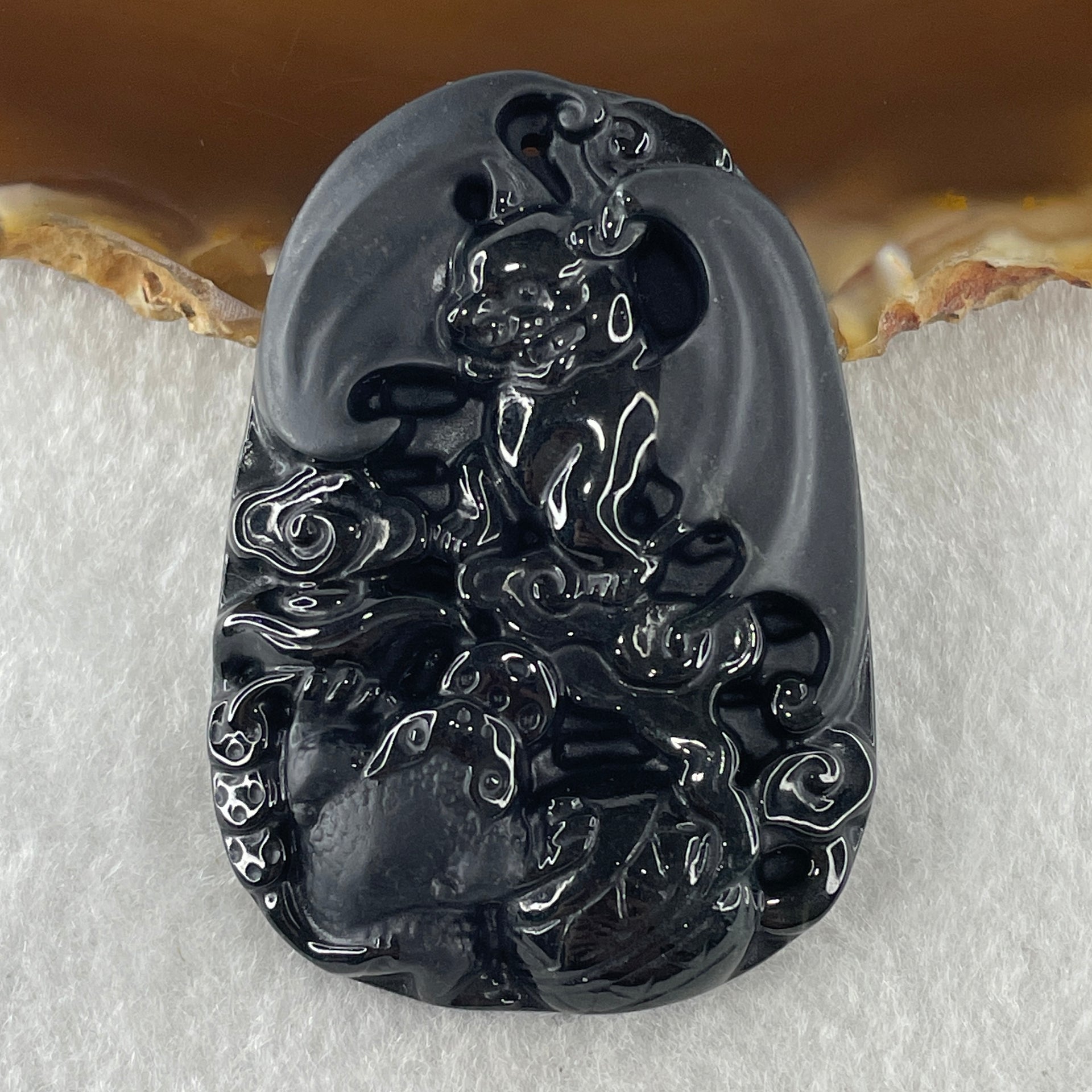 Type A Opaque to Partial Translucent Black Omphacite Jadeite Bat and 3 Legged Toad Pendant 29.98g 51.5 by 36.8 by 8.5mm - Huangs Jadeite and Jewelry Pte Ltd