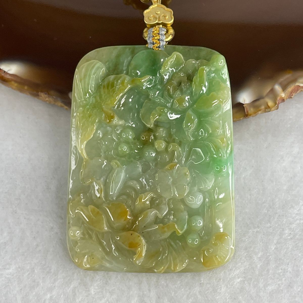 Certified Natural Type A Green & Yellow Jadeite Flower, Bird & Ruyi Pendant with Lavender Jadeite Beads Necklace | Heart & Crown Chakra (30.19g | 58cm | 54.0x40.0x6.7mm)
