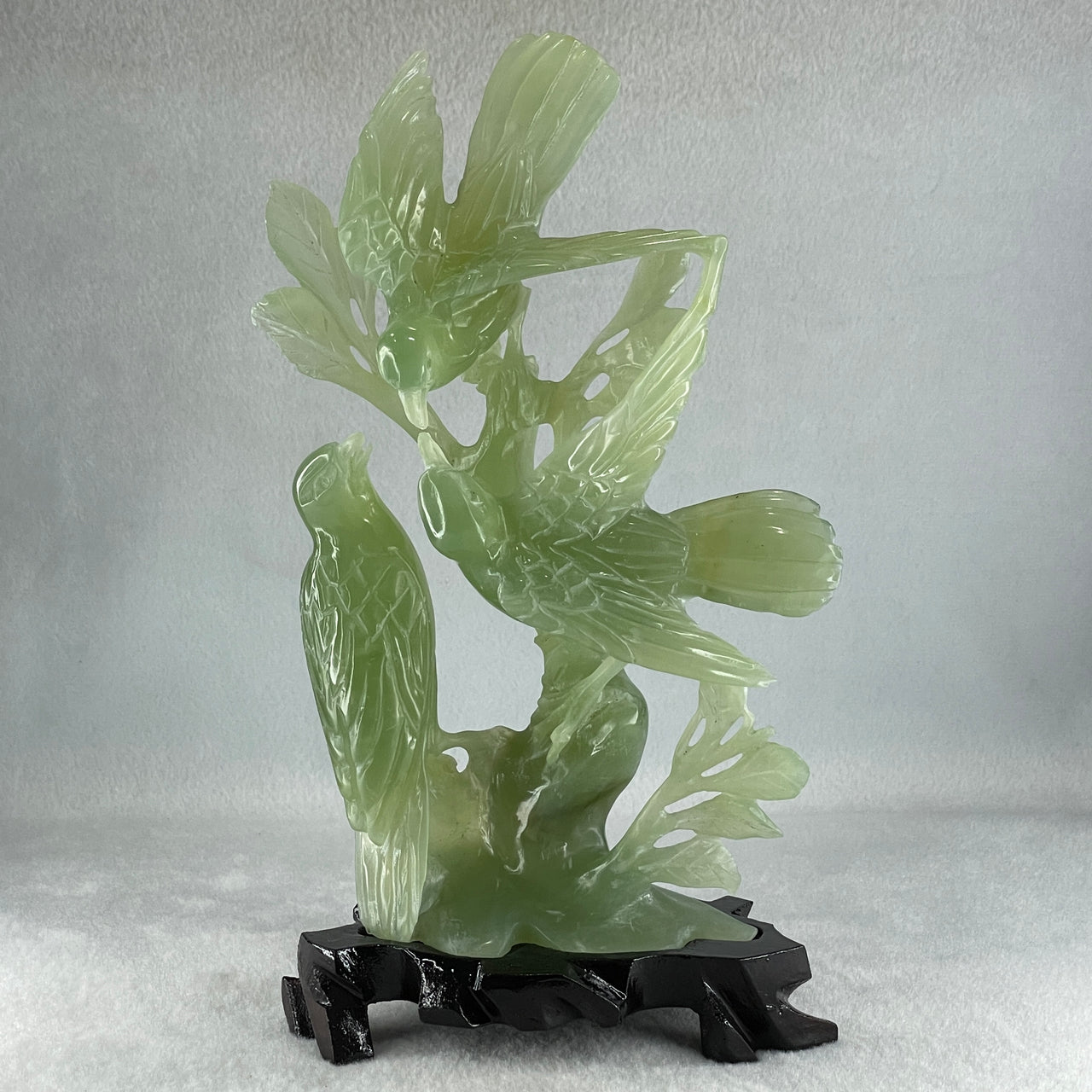 Natural Green Serpentine 3 Magpie Birds on Tree with Wooden Stand Display 569.6g 141.0 by 242.0 by 78.0mm - Huangs Jadeite and Jewelry Pte Ltd