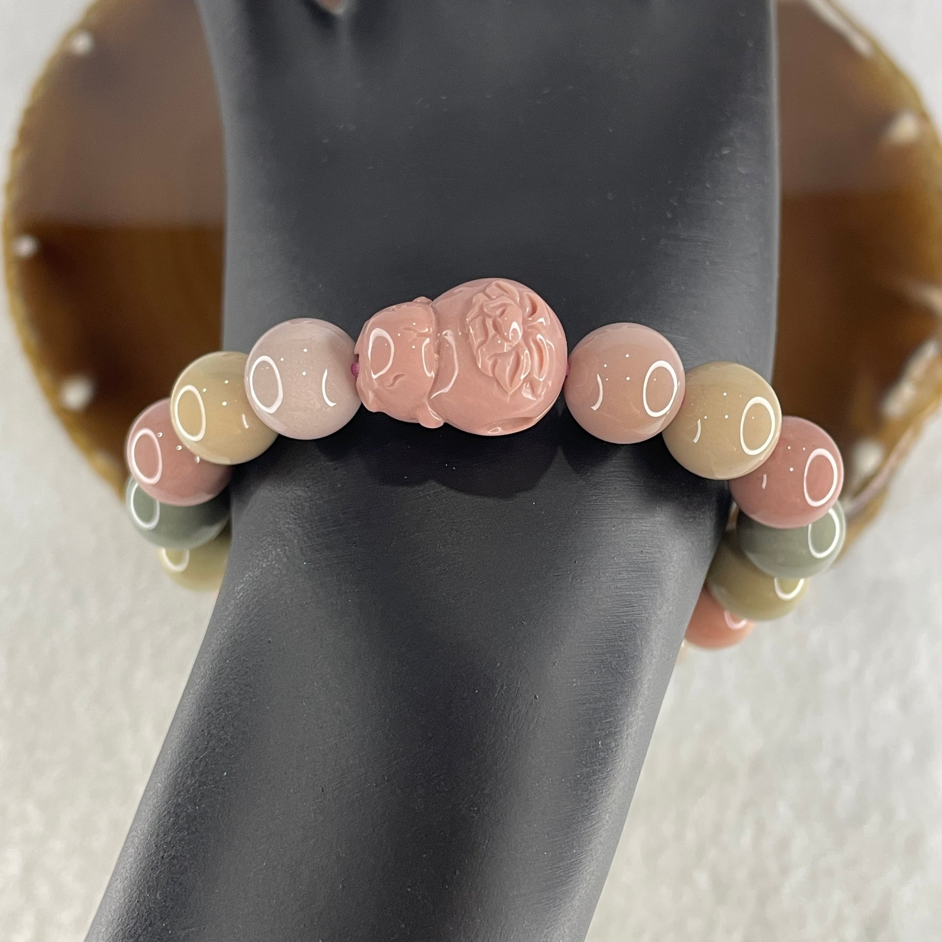 Natural Alashan Agate Pastels Pink Beads with Rabbit Charm Bracelet 32.34g 10.8mm 17Beads - Huangs Jadeite and Jewelry Pte Ltd
