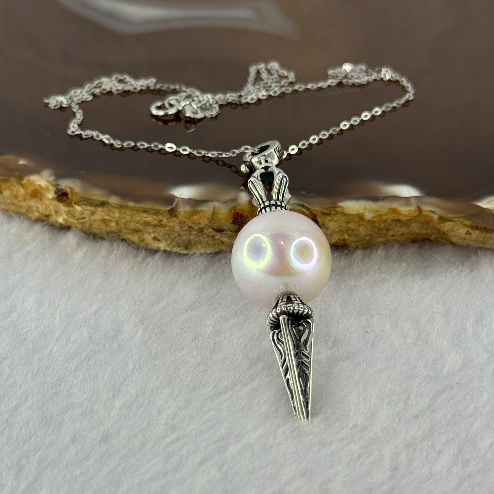 Natural Large White Pearl Demon Subduing Dagger S925 Silver Pendant in S925 Sliver Necklace 8.39g 14.2mm - Huangs Jadeite and Jewelry Pte Ltd