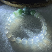 Natural Type A Green Jadeite with White Agate Beads and Donut Bracelet 22.26g 15cm 13.3mm 1Bead - 9.7mm 2 Beads - 8.3mm 17Beads - Huangs Jadeite and Jewelry Pte Ltd