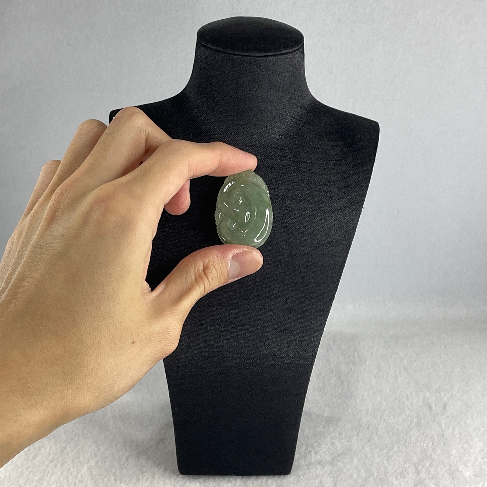 Natural Type A Semi Icy Green Jadeite Monkey on Ruyi Pendant 6.96g 37.6 by 25.5 by 4.4mm - Huangs Jadeite and Jewelry Pte Ltd