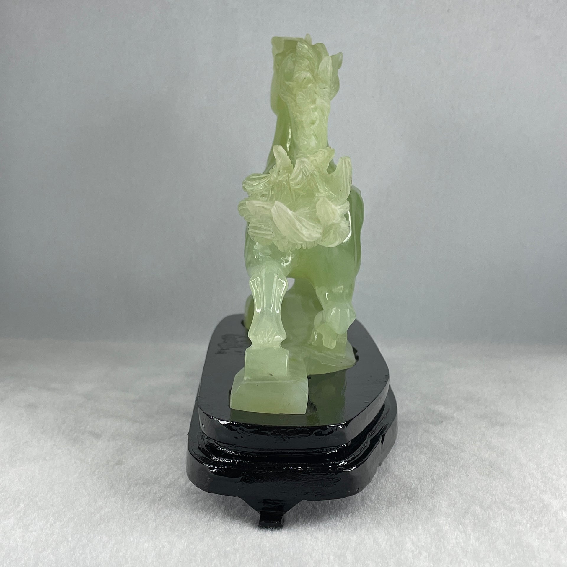 Natural Light Green Serpentine Victory Horse with Wooden Stand Display 1,274.6g 255.0 by 90.0 by 183.0mm - Huangs Jadeite and Jewelry Pte Ltd