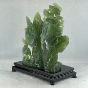 Natural Icy Dark Green Serpentine Double Reindeers with Twin Cranes on Shan Shui with Wooden Stand Display 1,804.8g 210.0 by 109.0 by 228.0mm - Huangs Jadeite and Jewelry Pte Ltd
