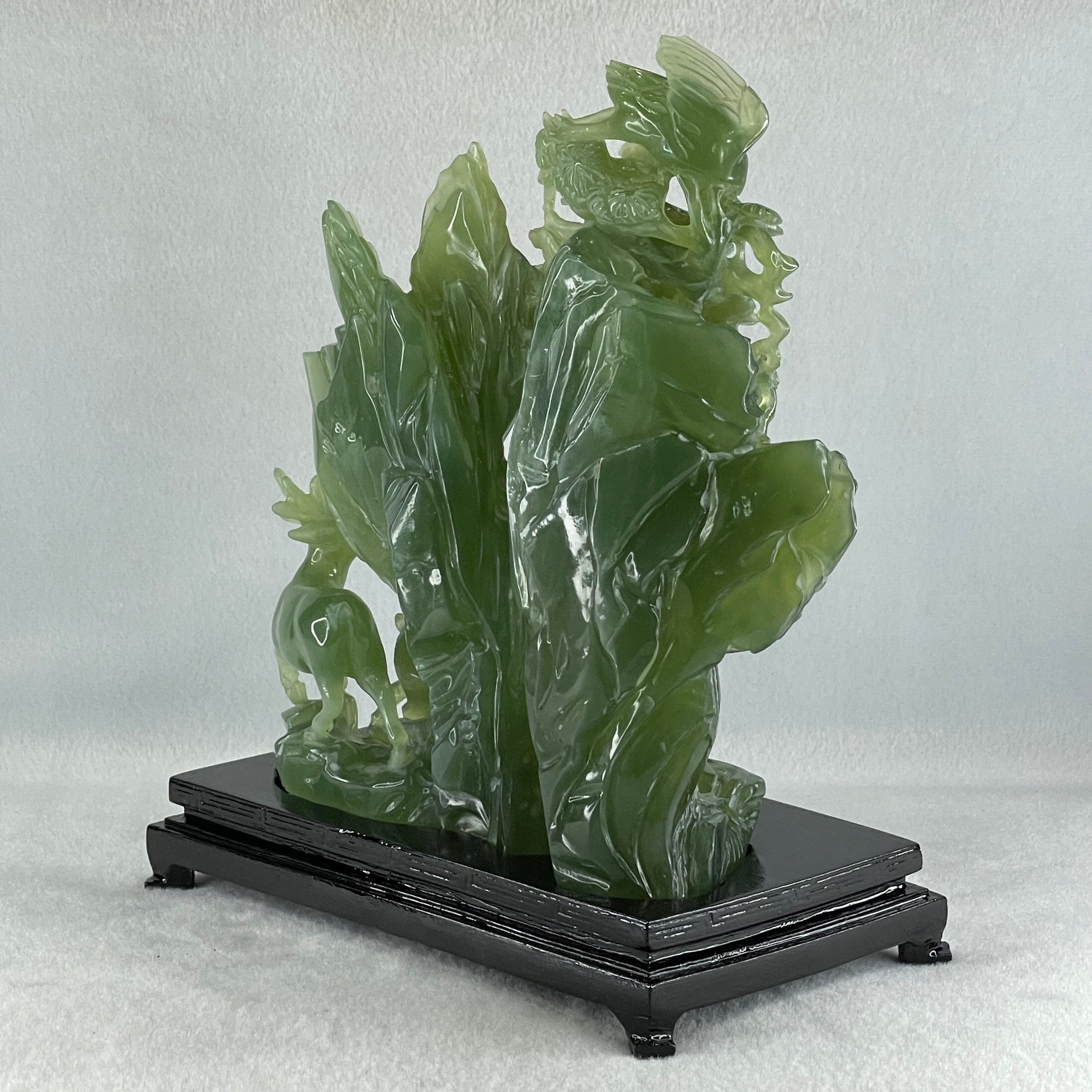 Natural Icy Dark Green Serpentine Double Reindeers with Twin Cranes on Shan Shui with Wooden Stand Display 1,804.8g 210.0 by 109.0 by 228.0mm - Huangs Jadeite and Jewelry Pte Ltd