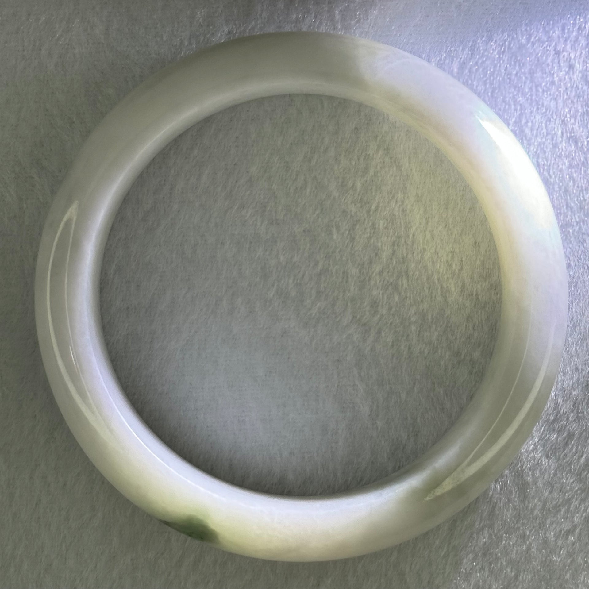 Type A Faint Green Lavender with Moss Green Patch Jadeite Bangle Internal Diameter 55.8mm 67.56g 14.8 by 8.6mm (Internal Lines) - Huangs Jadeite and Jewelry Pte Ltd