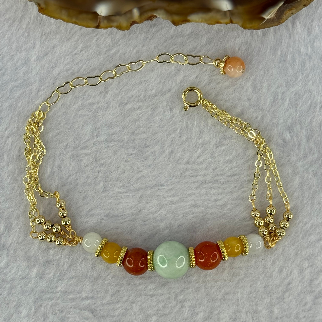 Type A Light Green Jadeite Beads with Crystal Beads in Silver Gold Color Bracelet 8.49g 10.6mm 1 Bead 8.1mm 2 Beads - Huangs Jadeite and Jewelry Pte Ltd