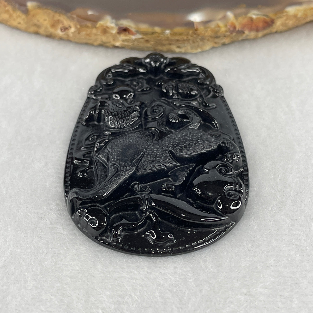Certified Type A Opaque Black Omphacite Jadeite Dog, Bat & Ruyi Pendant | Loyalty, Swift Fortune & Authority Talisman (21.58g | 59.1 x 40.3 x 7.0mm)