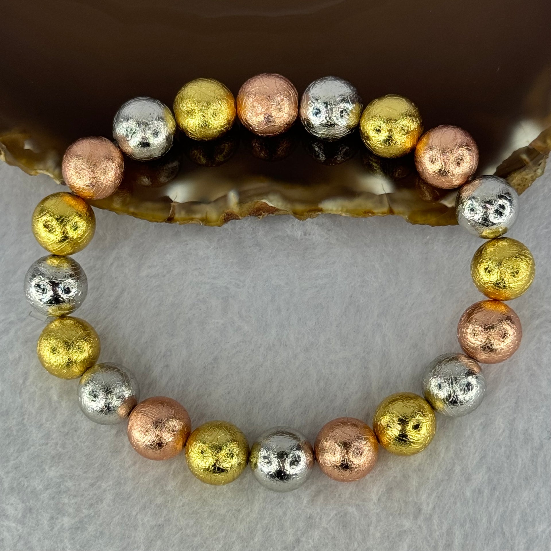 Natural Meteorite Sliver, Gold and Rose Gold Color Beads Bracelet 88.44g 17.5cm 10.3mm 20 Beads - Huangs Jadeite and Jewelry Pte Ltd
