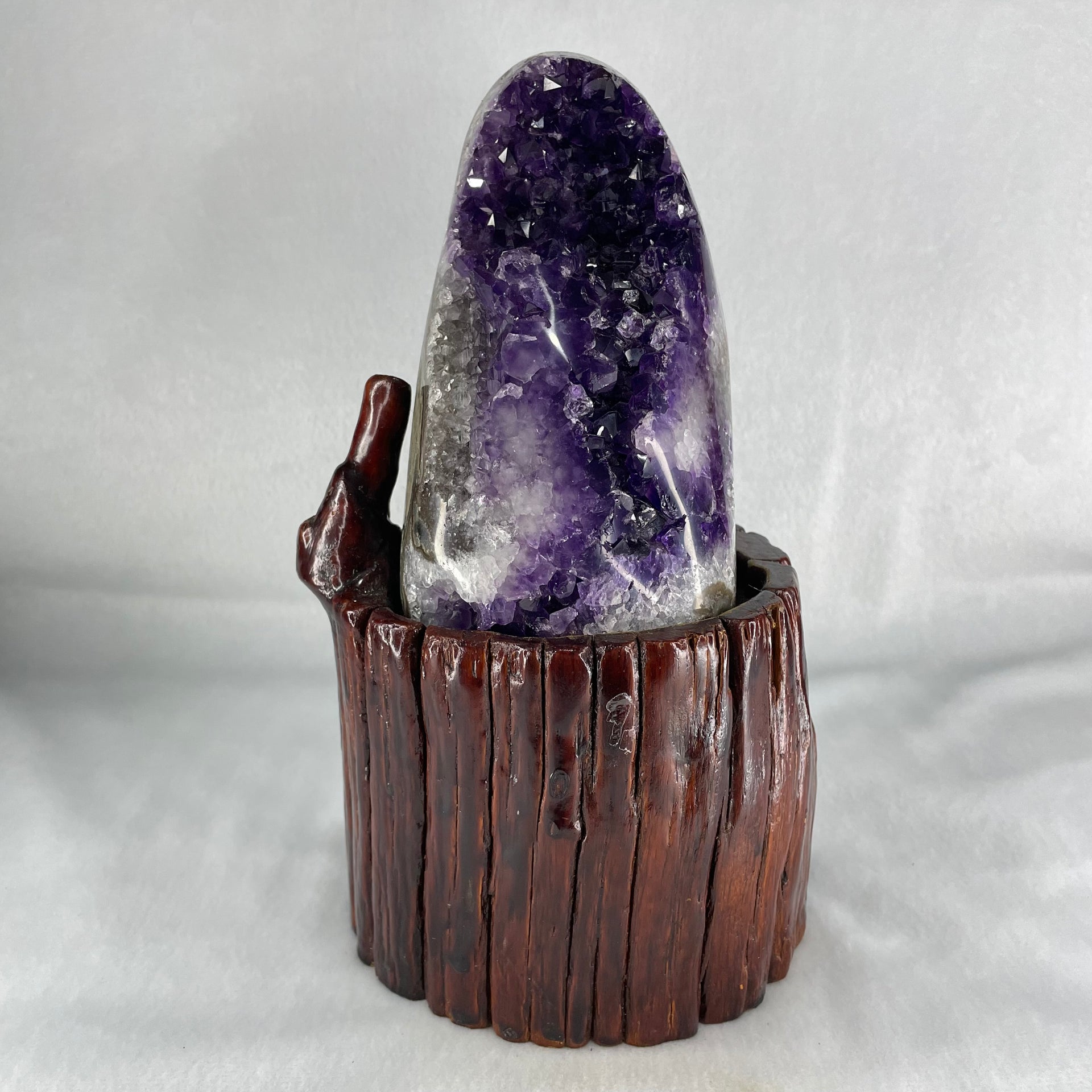 Natural Deep Intense Purple Amethyst Cave with Wooden Stand 2,097.3g 109.9 by 121.7 by 210.0mm - Huangs Jadeite and Jewelry Pte Ltd