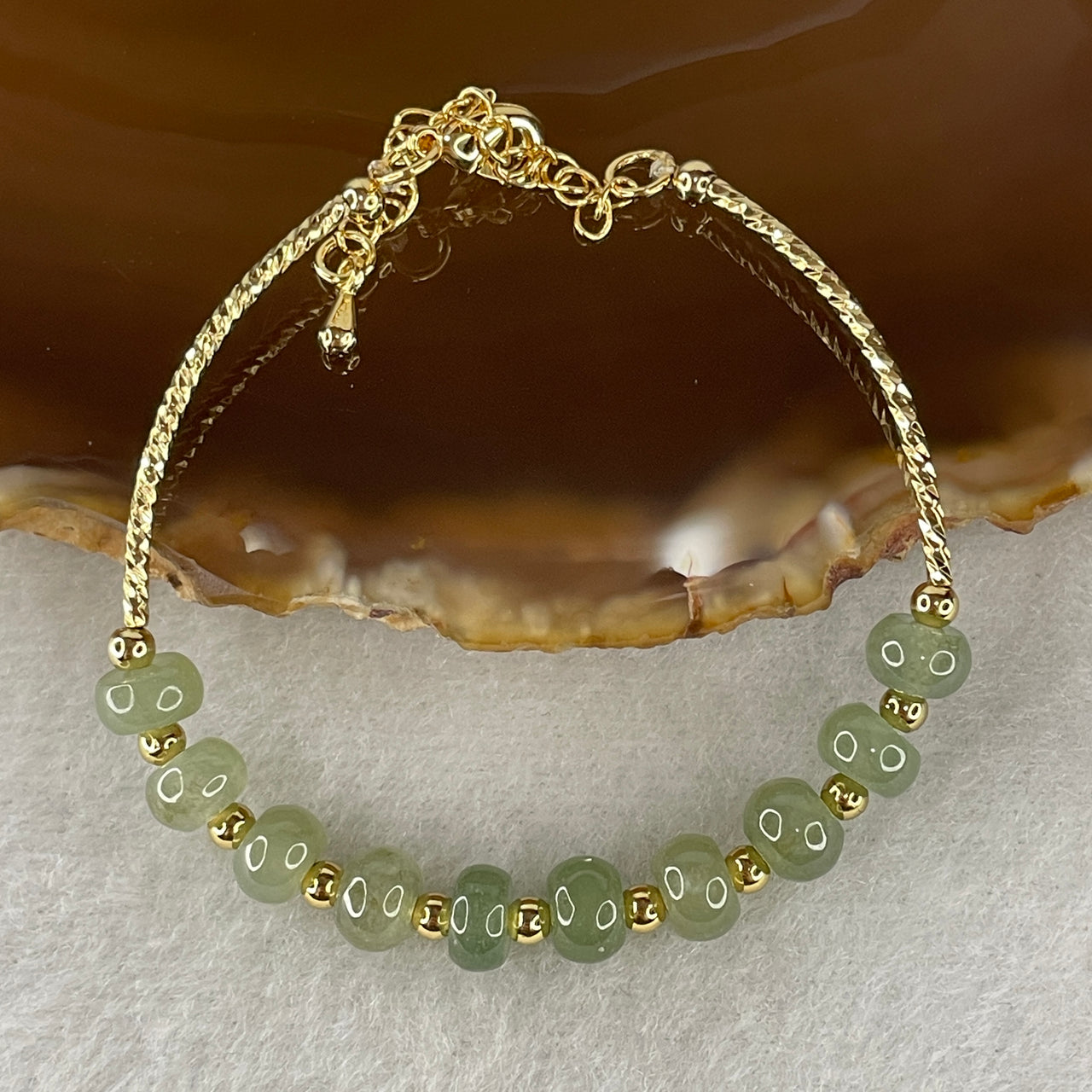 Natural Type A Semi-Icy Blueish Green Jadeite Donut Bracelet | Gold Color 10-Bead Adjustable Safety Coin Charm Bracelet (5.63g)