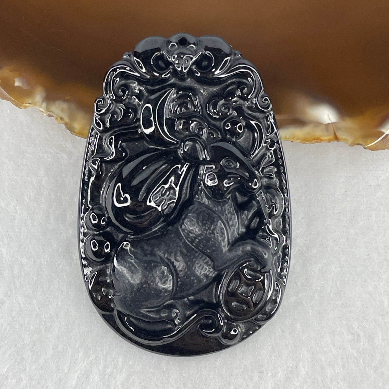 Certified Type A Opaque Black Omphacite Jadeite Rat with Bat & Coin Pendant | Wealth & Rat Zodiac Fortune Amulet (24.51g | 59.7 x 39.8 x 8.0mm)