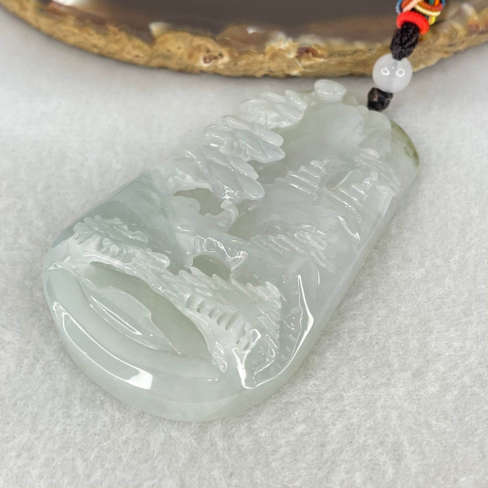 Type A Semi Icy Faint Lavender Green Jadeite Shan Shui Pendant 49.65g 63.1 by 39.5 by 10.3mm - Huangs Jadeite and Jewelry Pte Ltd