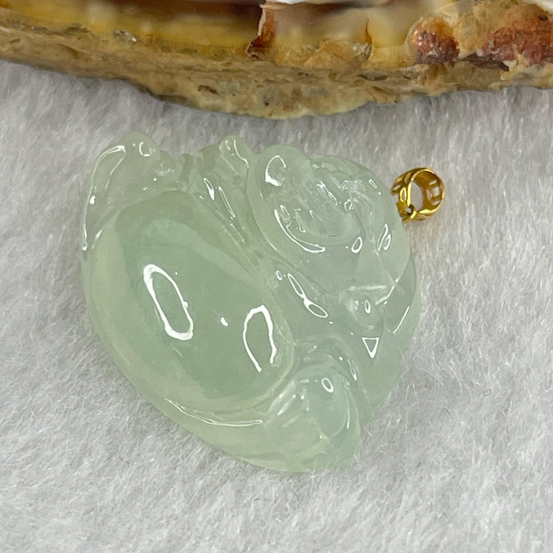 Natural Type A Semi Icy Sky Blue Jadeite Milo Buddha Pendant in 18K Yellow Gold Clasp 4.6g 18.1 by 24.0 by 7.2mm - Huangs Jadeite and Jewelry Pte Ltd