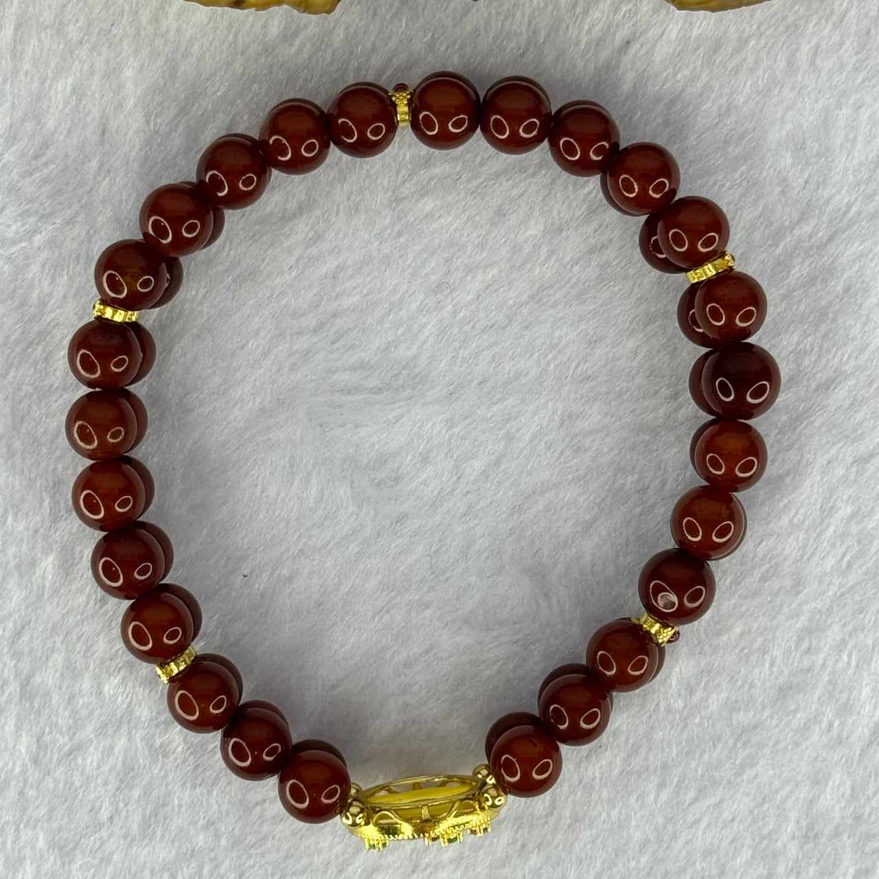 Natural Brownish Red Amber Beads with Gold Color Charms Bracelet 10.69g 16.5cm 6.5mm 52 Beads - Huangs Jadeite and Jewelry Pte Ltd