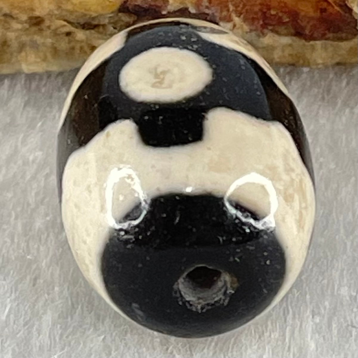 Natural Powerful Tibetan Old Oily Dark Brown With White Agate 3 Eyes Dzi Bead Heavenly Master (Tian Zhu) 三眼天诛 4.90g 17.8 by 13.5mm - Huangs Jadeite and Jewelry Pte Ltd