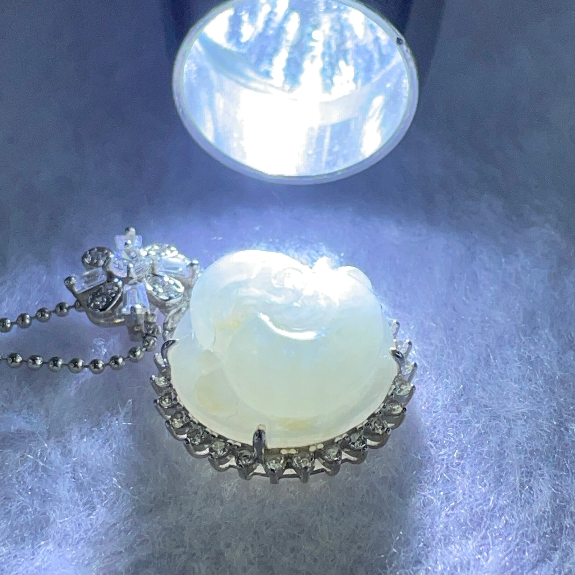 Type A Faint Green Lavender Milo Buddha with Crystals in S925 Sliver Pendant and Necklace 8.07g 16.6 by 16.6 by 8.0mm - Huangs Jadeite and Jewelry Pte Ltd