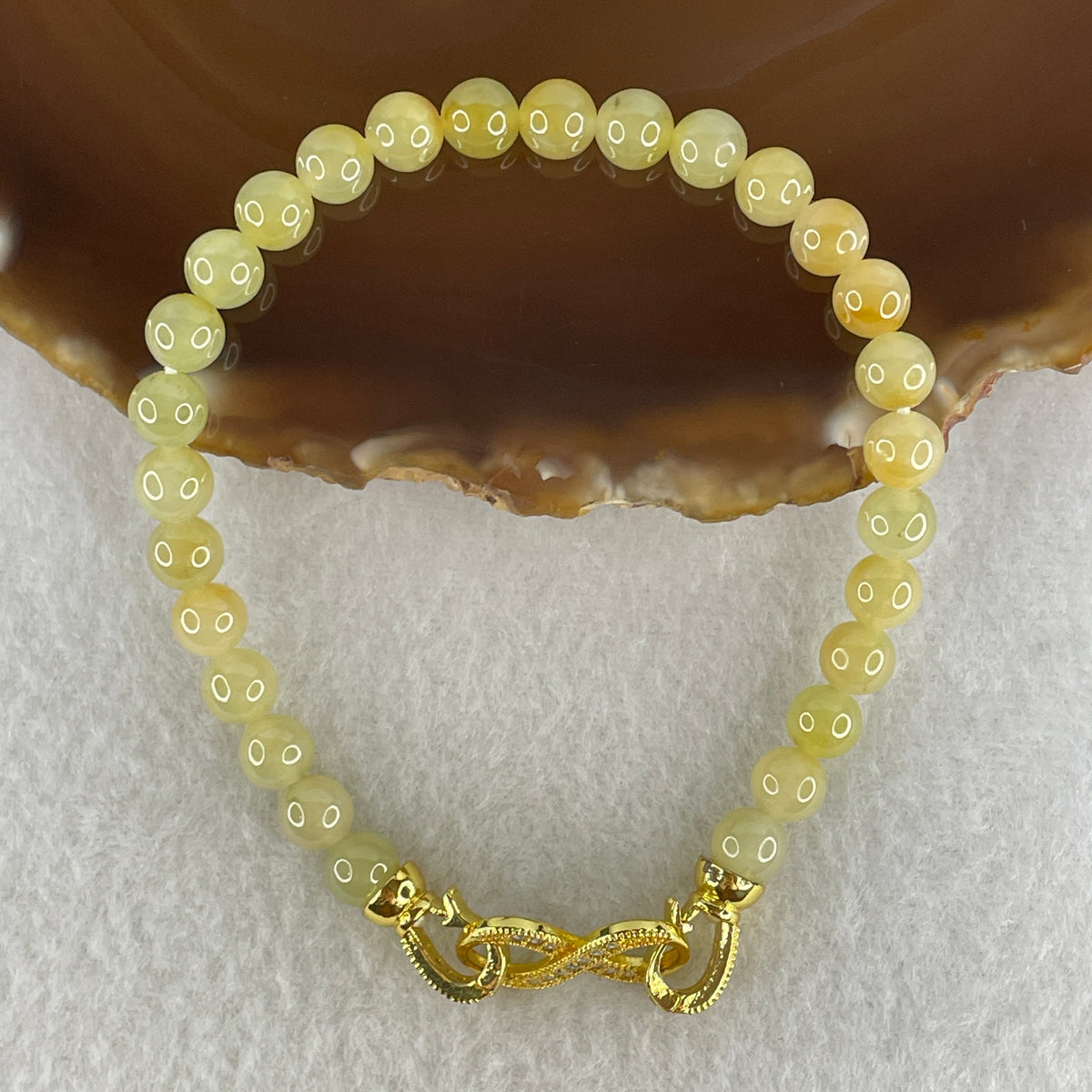 Natural Type A Semi Icy Yellowish Jadeite Beads Bracelet | (17.72g | 19.5cm | 6.8mm x 28 Beads | Solar Plexus & Root Chakra Synergy, "Huang Fei" Abundance Catalyst & Feng Shui Wealth Anchor) - Huangs Jadeite and Jewelry Pte Ltd