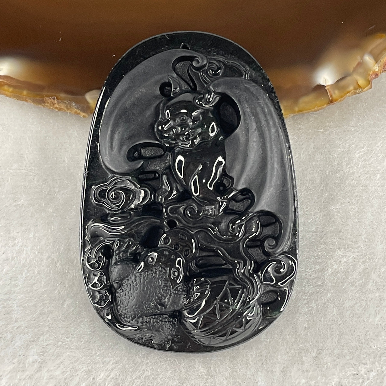 Certified Natural Type A Black Omphacite Jadeite Bat and 3 Legged Toad Pendant 27.77g 56.4 by 38.4 by 8.9mm