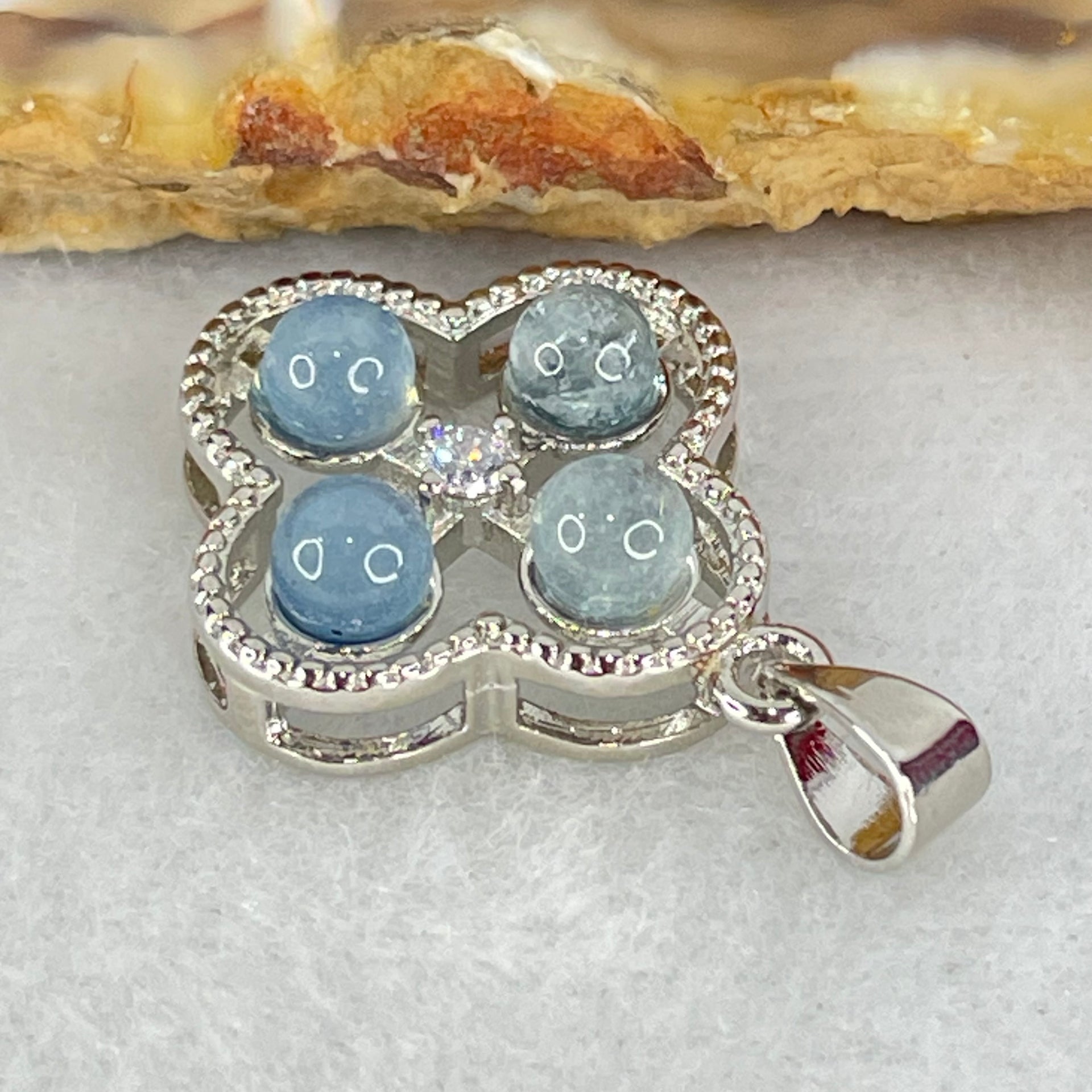 Above Average Grade Rare Natural Blue Dumortierite Rutilated Quartz in S925 Four Leaf Clover Pendant 2.21g 4.0mm 4pcs - Huangs Jadeite and Jewelry Pte Ltd