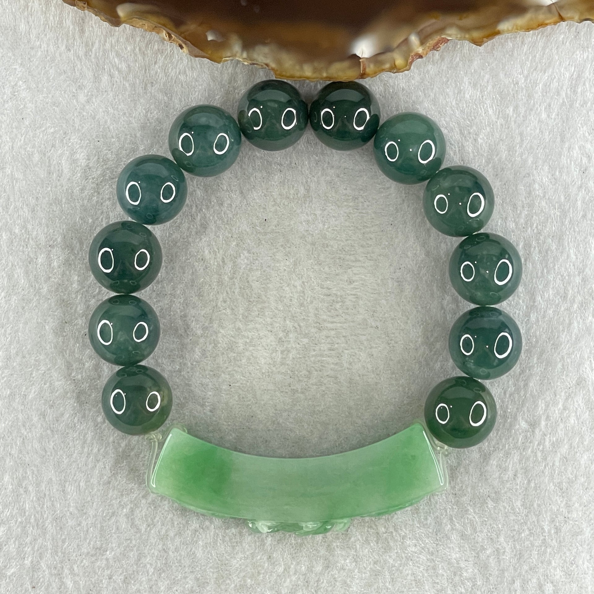 Type A Burmese Old Mine Blueish Green Jadeite Beads with Green Jadeite Twin Koi Fish and Flower Bracelet 60.96g 12.8mm 12 Beads 51.5 by 10.4 by 14.4mm - Huangs Jadeite and Jewelry Pte Ltd