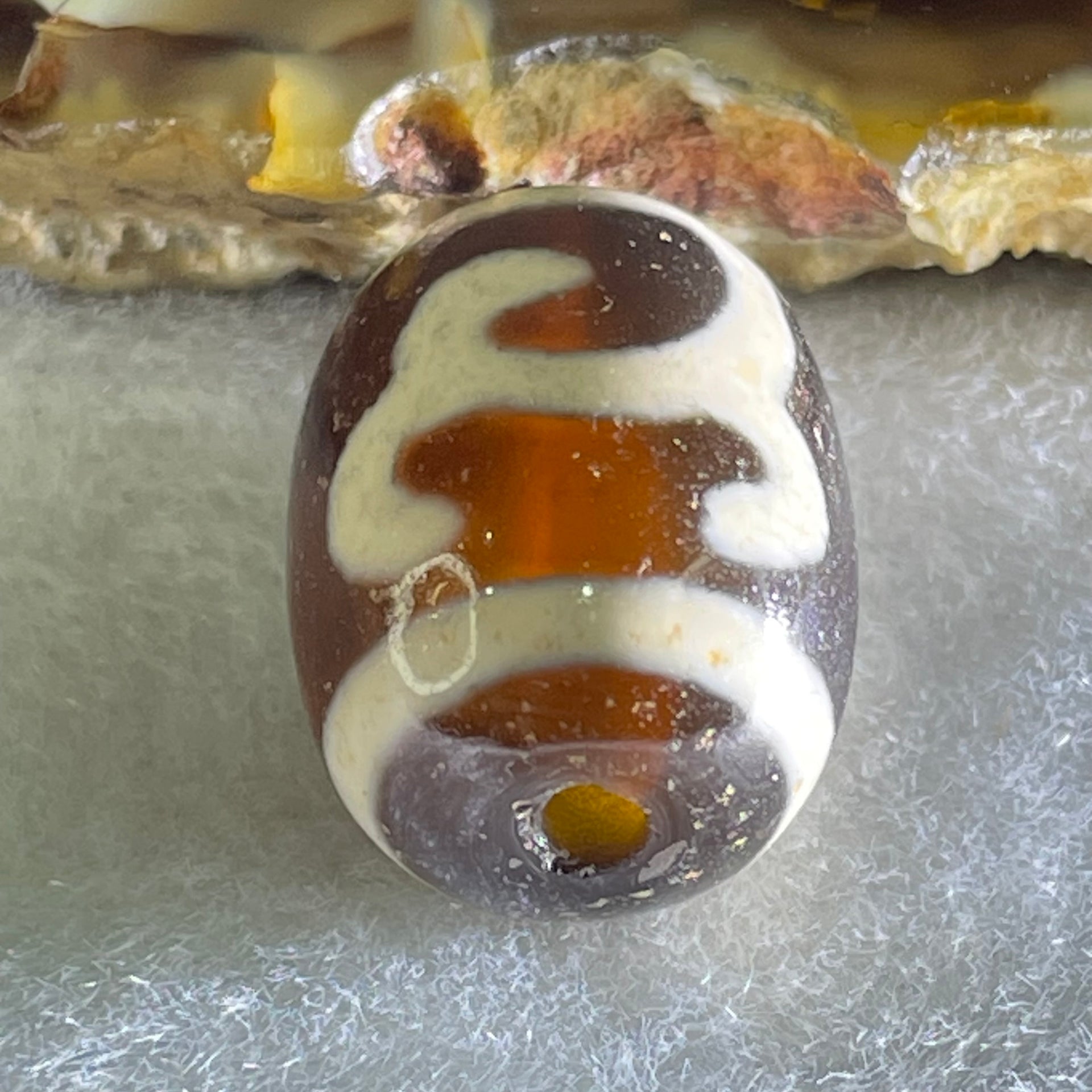 Natural Powerful Tibetan Old Oily Black White Agate Green Tara Dzi Bead Heavenly Master (Tian Zhu) 绿度母天珠 4.79g 17.6 by 13.2mm - Huangs Jadeite and Jewelry Pte Ltd