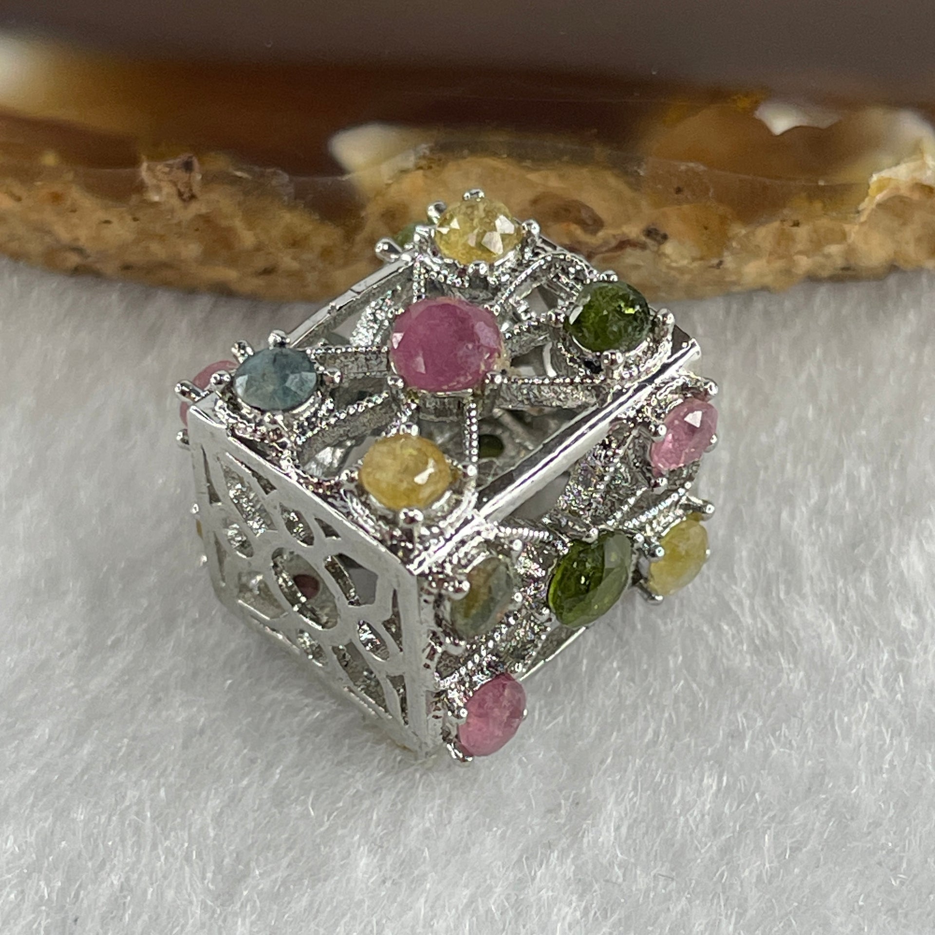 Natural Tourmaline Crystal in S925 Sliver Box Shape Pendant 5.08g 3.9 by 1.5mm - Huangs Jadeite and Jewelry Pte Ltd