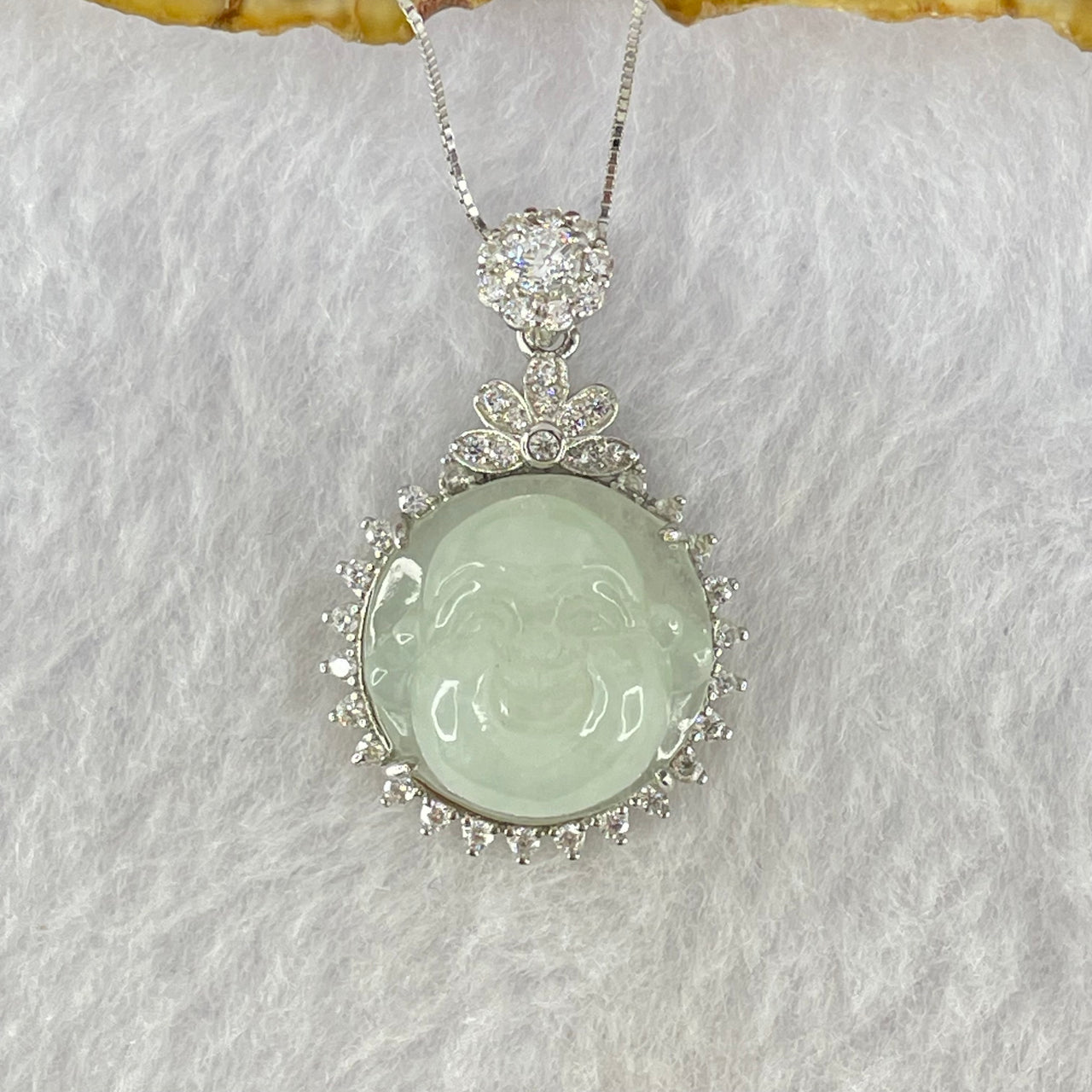 Type A Faint Lavender to White Milo Buddha with Crystals in S925 Sliver Pendant and Necklace 7.47g 16.8 by 16.8 by 9.0mm - Huangs Jadeite and Jewelry Pte Ltd
