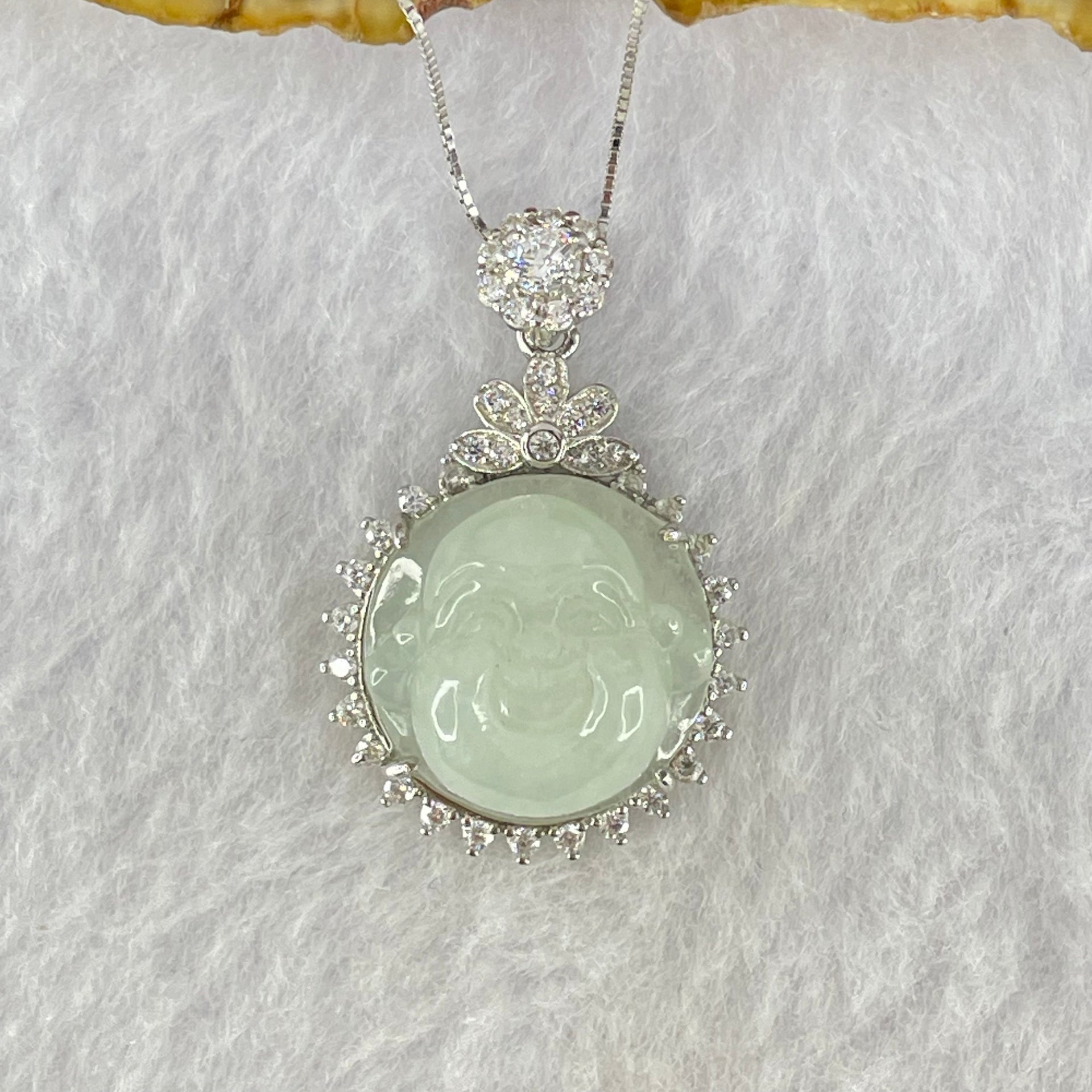 Type A Faint Lavender to White Milo Buddha with Crystals in S925 Sliver Pendant and Necklace 7.47g 16.8 by 16.8 by 9.0mm - Huangs Jadeite and Jewelry Pte Ltd