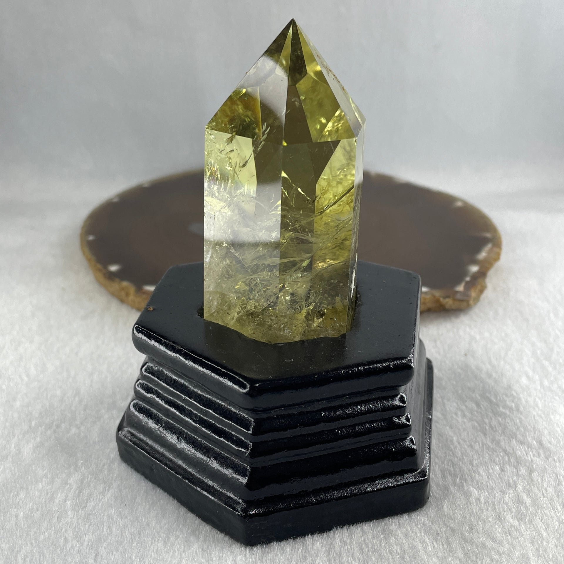High Grade Natural Citrine Tower with Wooden Stand Display 270.15g 87.0 by 78.0 by 109.2mm - Huangs Jadeite and Jewelry Pte Ltd