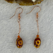 Natural Powerful Tibetan Old Oily Red Yellowish White Agate 3 Eyes Dzi Bead Heavenly Master (Tian Zhu) 三眼天诛 in S925 Sliver Rose Gold Color Earrings 2.92g 11.8 by 8.2mm - Huangs Jadeite and Jewelry Pte Ltd