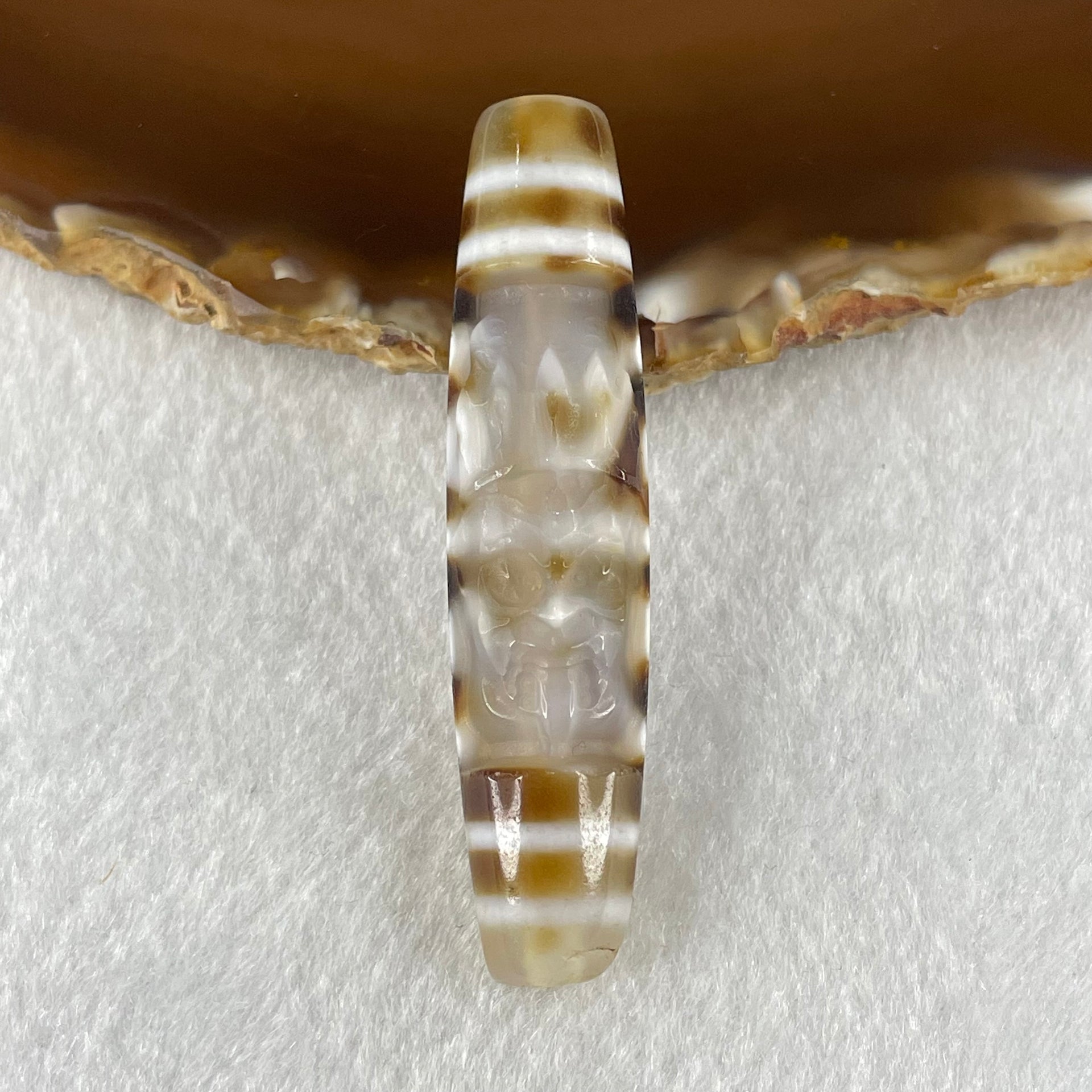 Natural Powerful Tibetan Old Oily Agate Zha Ji La Mu Female Cai Shen and 8 Eyes Dzi Bead Heavenly Master (Tian Zhu) 扎基拉姆女财神八眼天珠 13.65g 57.3 by 12.5mm - Huangs Jadeite and Jewelry Pte Ltd