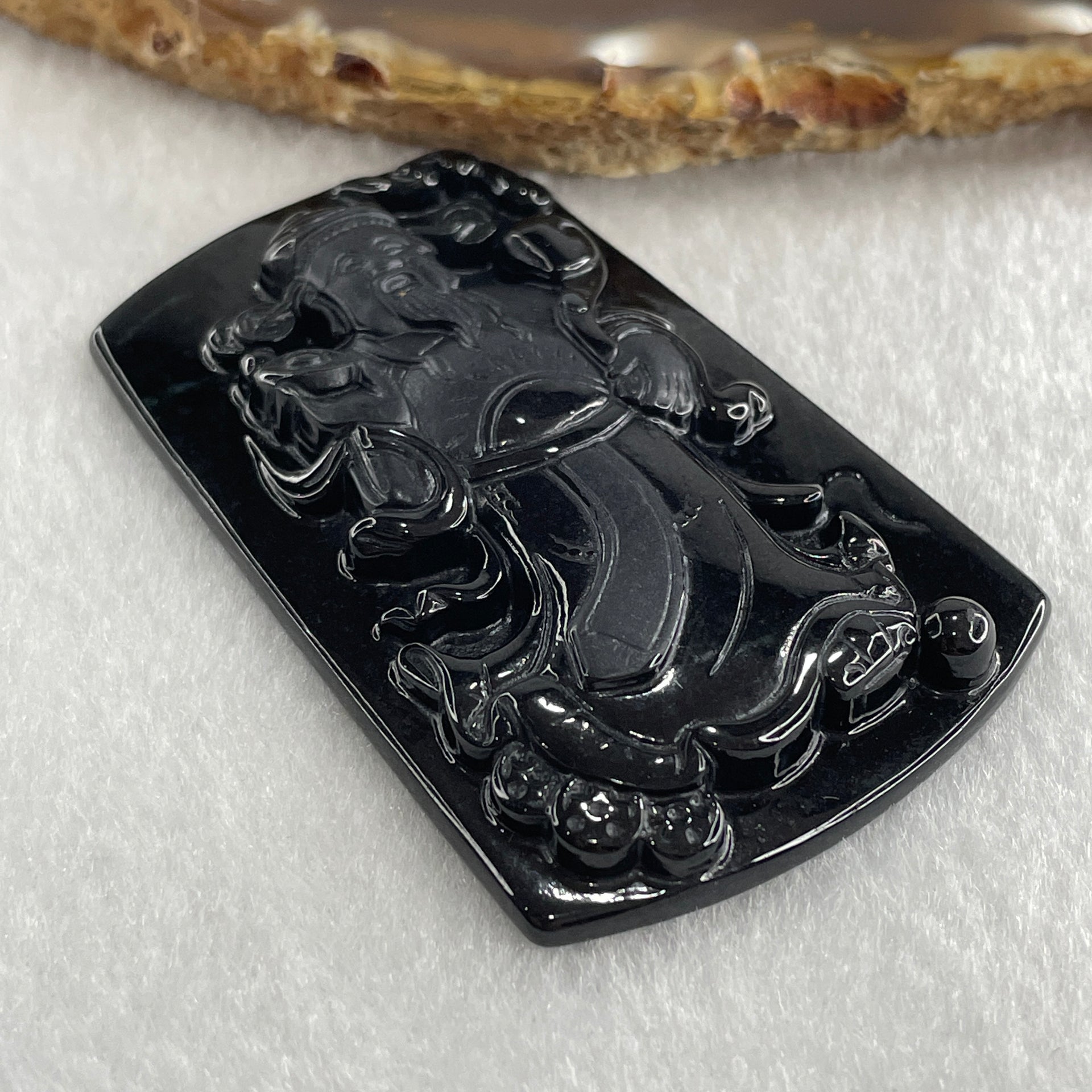 Type A Opaque to Partial Translucent Black Omphacite Jadeite Cai Shen Ye God of Fortune Pendant 26.80g 62.8 by 40.0 by 7.5mm - Huangs Jadeite and Jewelry Pte Ltd